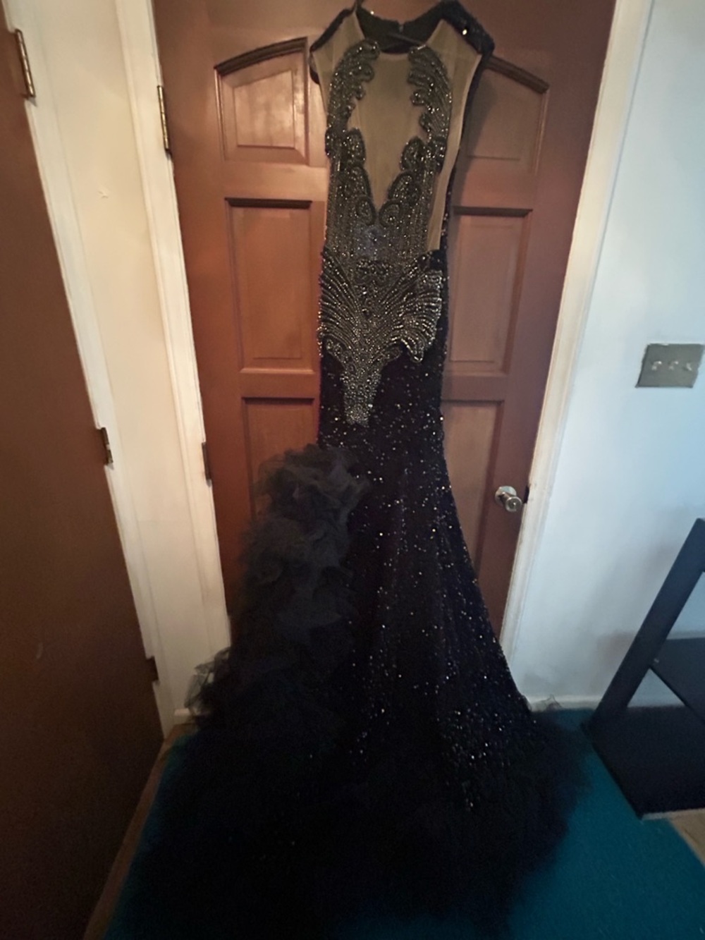 Black Beaded Mermaid Gown with Tulle Ruffle
